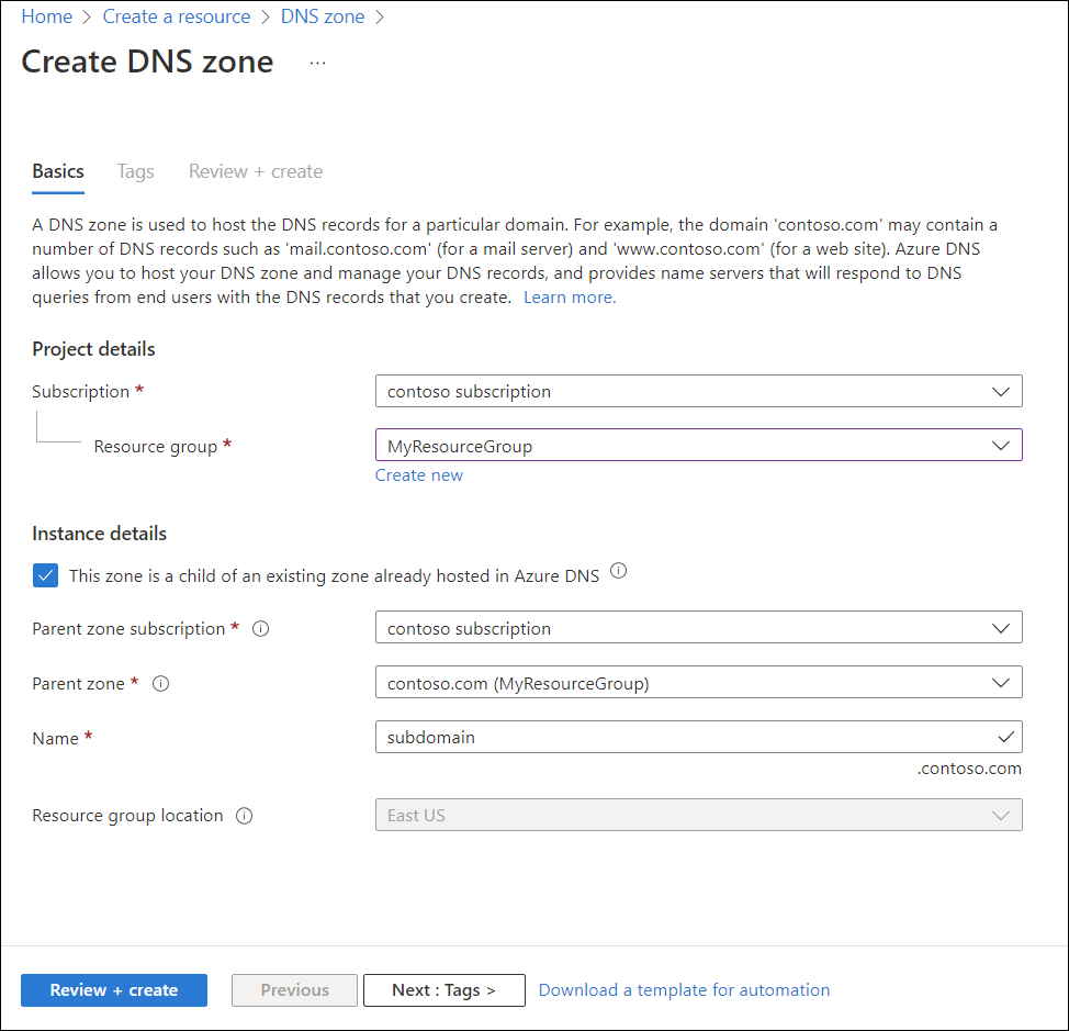 Screenshot of Create DNS zone page accessed via the Create button of DNS zone page.
