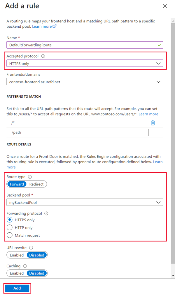 Screenshot of add a forward route for HTTPS traffic.