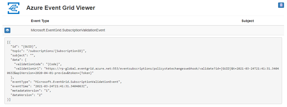 Screenshot of the Event Grid subscription validation event in the pre-built web app.