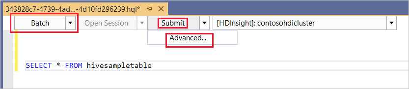 Batch mode, Hive ad-hoc query, HDInsight cluster, Visual Studio.