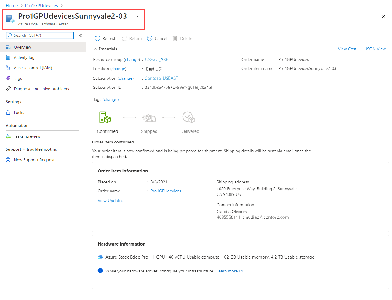 Screenshot showing resource details for a selected resource in an Azure Edge Hardware Center order. Resource name is highlighted.