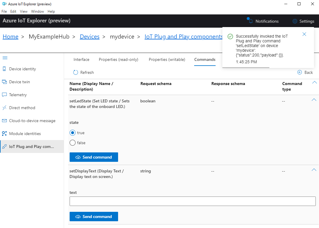 Screenshot of calling the setLedState method in IoT Explorer