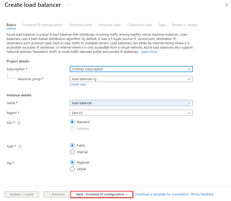 Screenshot of create standard load balancer basics tab.