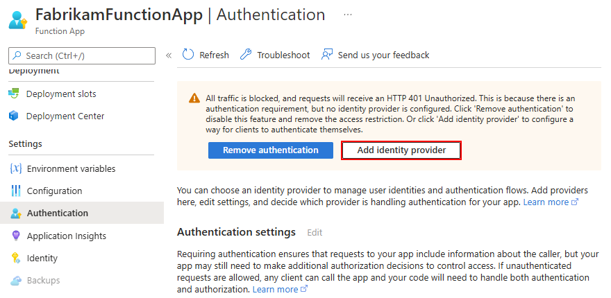 Screenshot shows function app menu with Authentication page and selected option named Add identity provider.