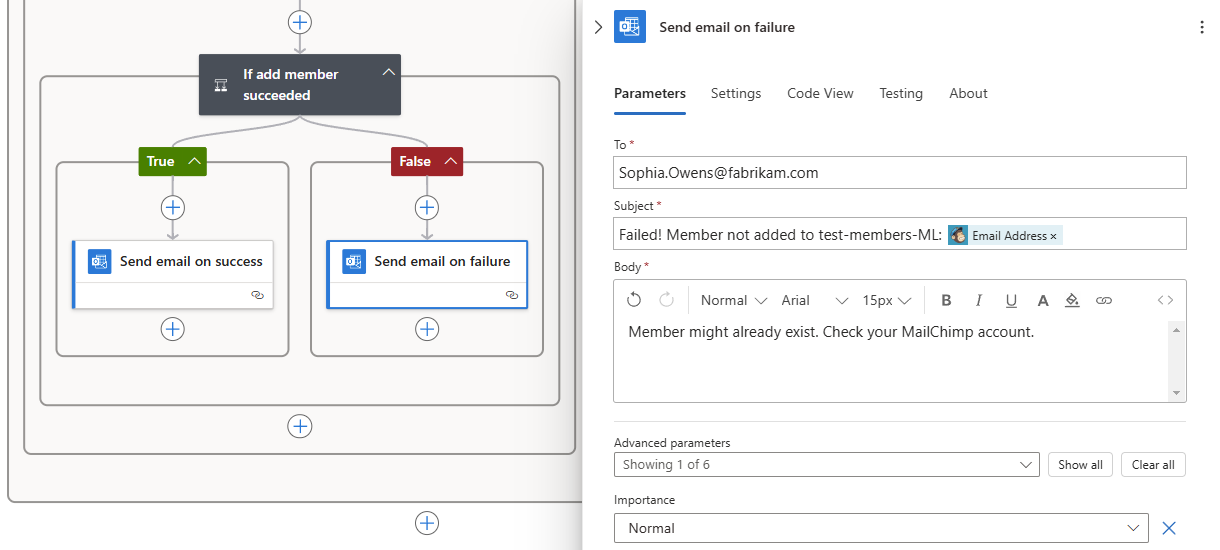 Screenshot that shows the "If add member succeeded" condition's "False" branch with "Add an action" selected.