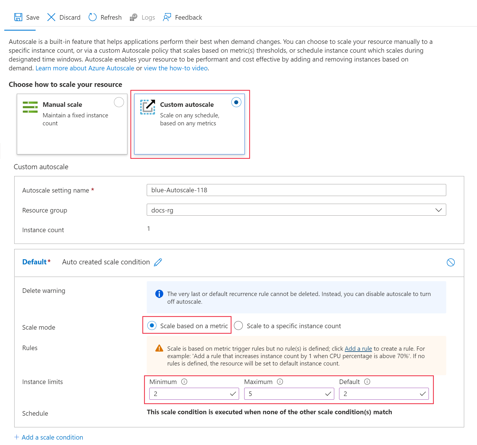 Screenshot showing custom autoscale choice.