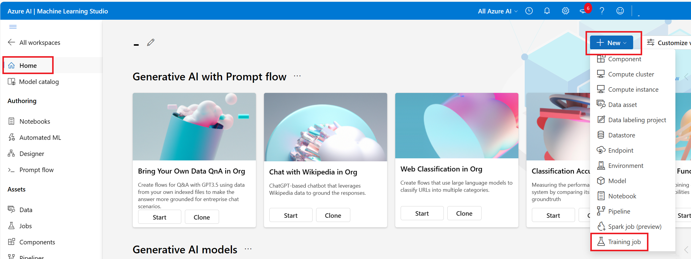 Azure Machine Learning studio homepage