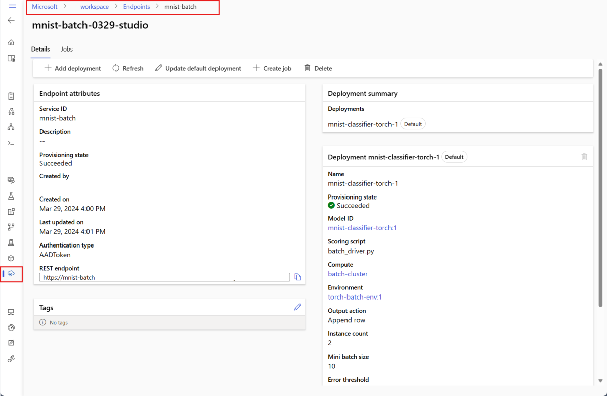 Screenshot of the check batch endpoints and deployment details.