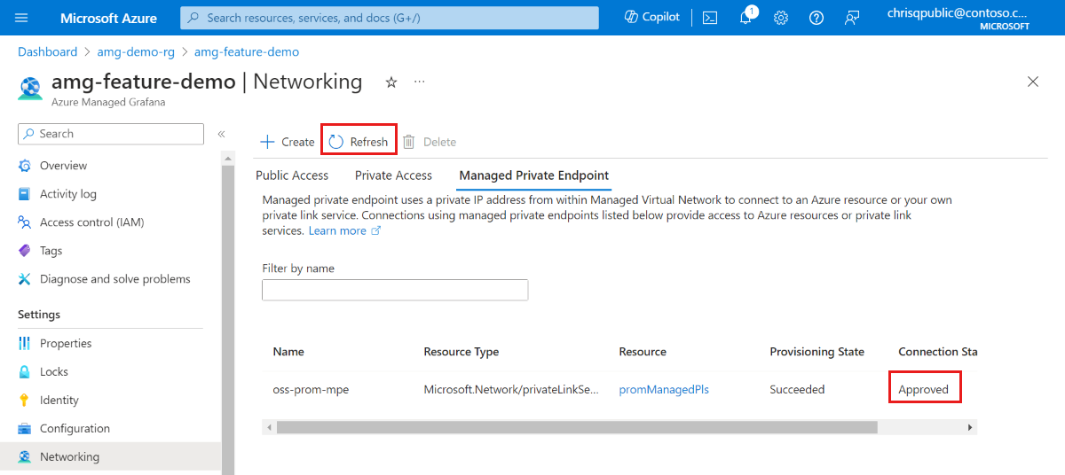 Screenshot of the Azure platform showing the Refresh button.