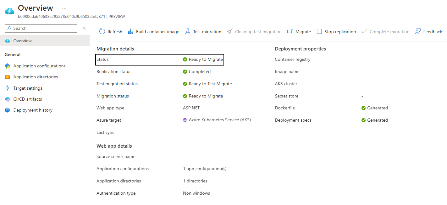 Screenshot of the Target resource post building container image.