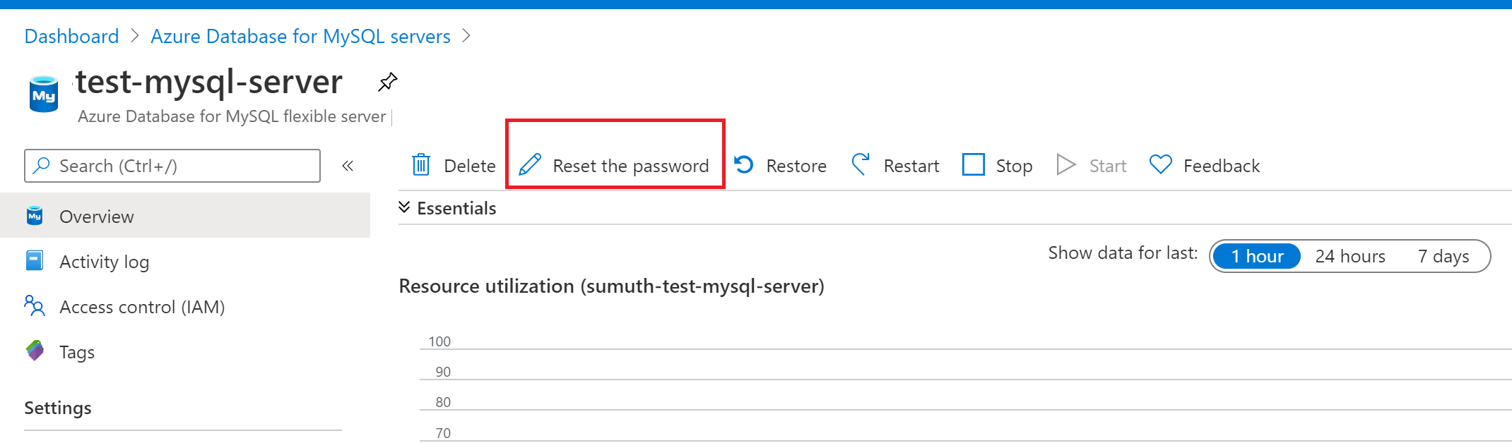 Screenshot of resetting your password for Azure Database for MySQL flexible server.