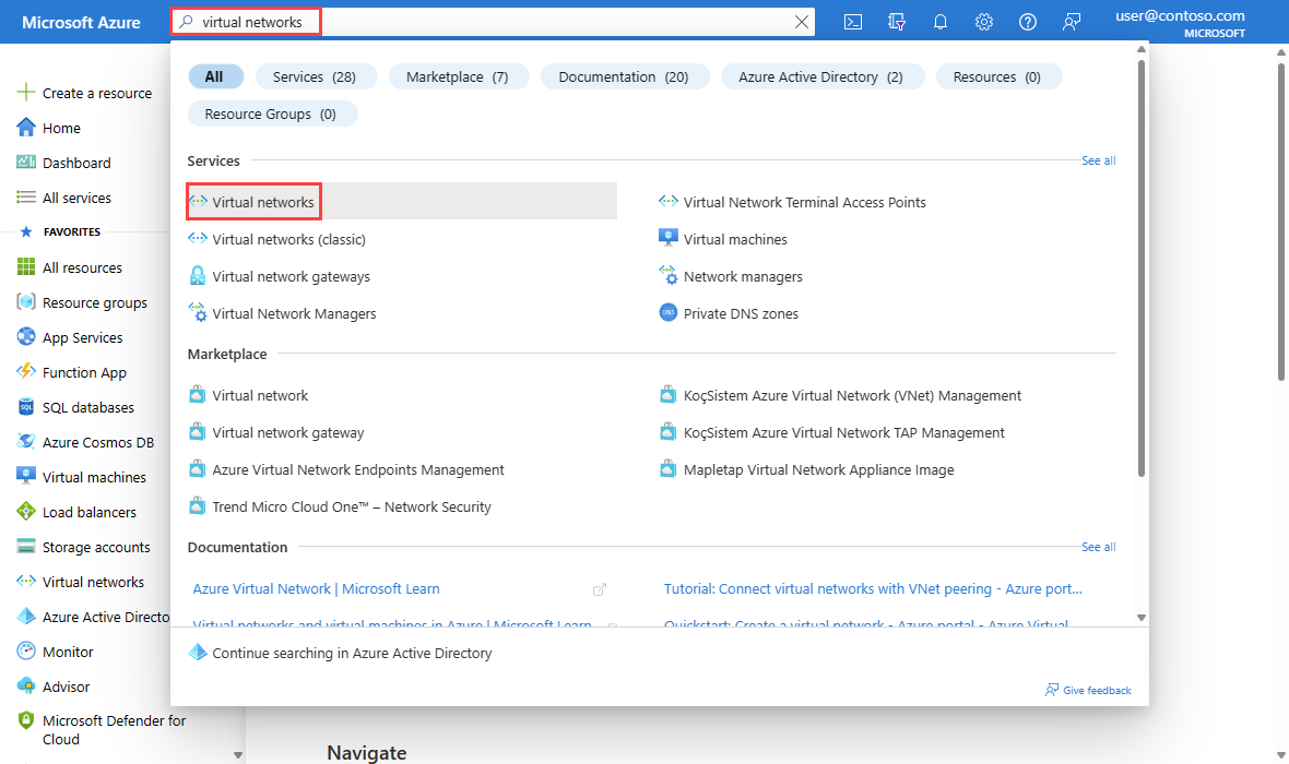 Screenshot shows searching for virtual networks in the Azure portal.