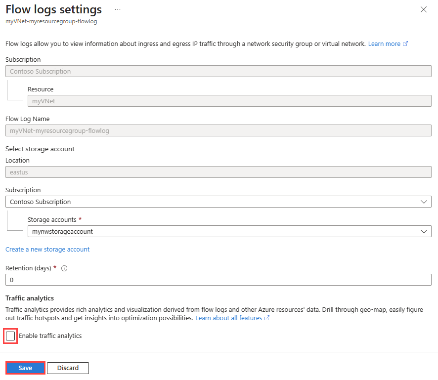 Screenshot that shows how to enable traffic analytics for an existing flow log in the Azure portal.