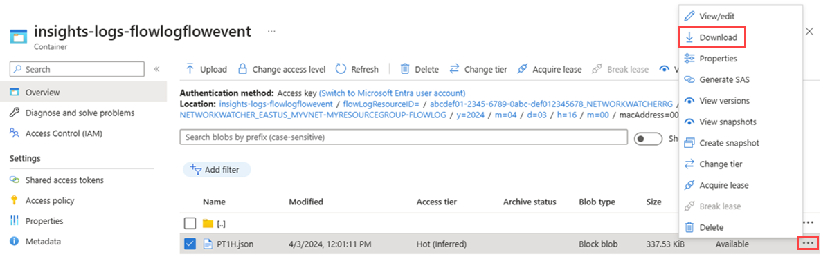 Screenshot shows how to download a virtual network flow log data file from the storage account container in the Azure portal.