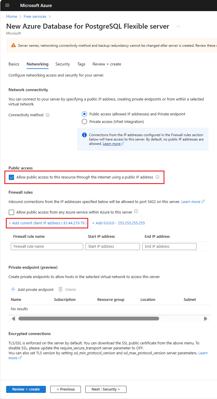 Screenshot that shows the networking options to be chosen, and highlights the add current client IP address button.