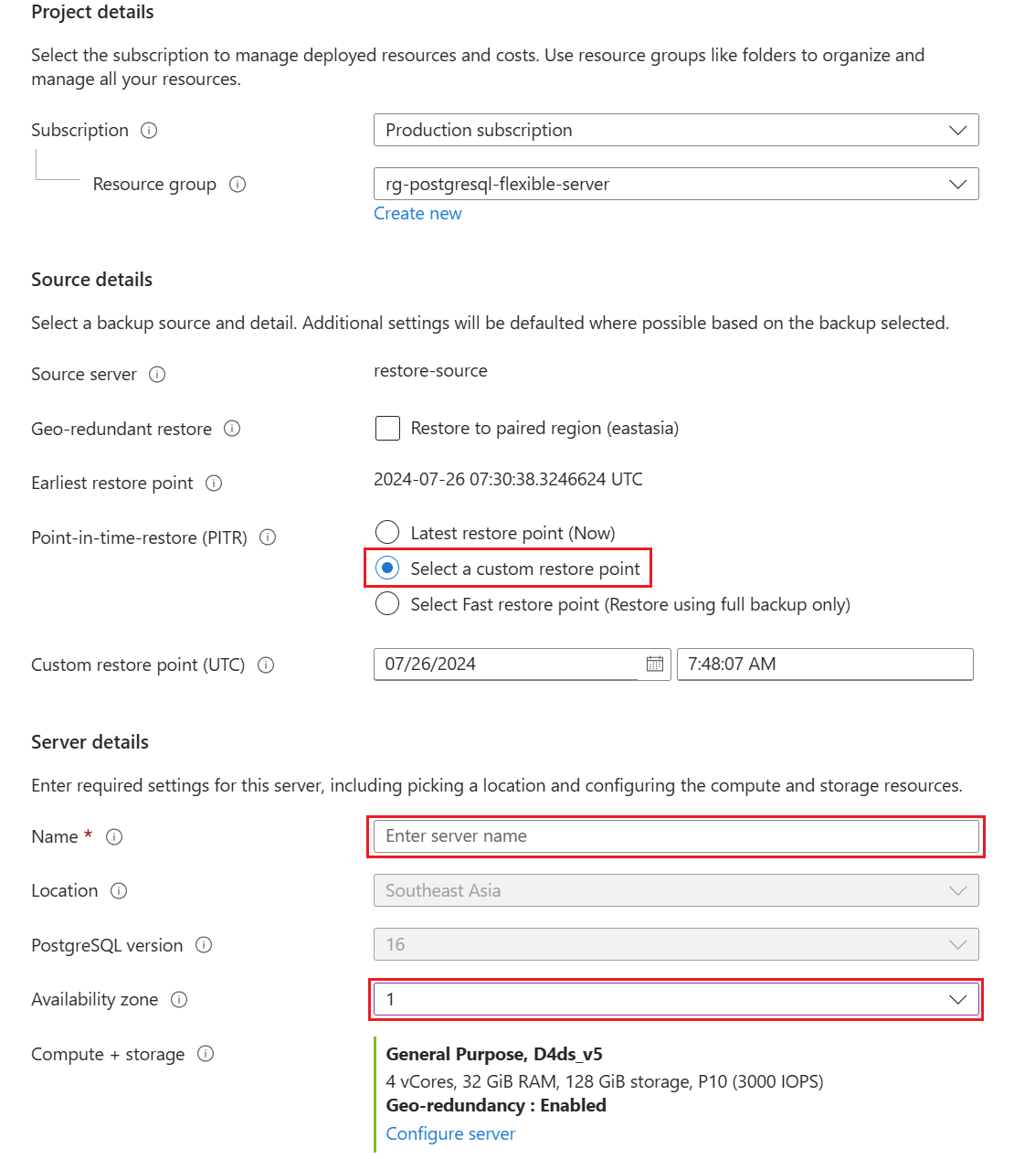 Screenshot that shows selections for restoring to a custom restore point.