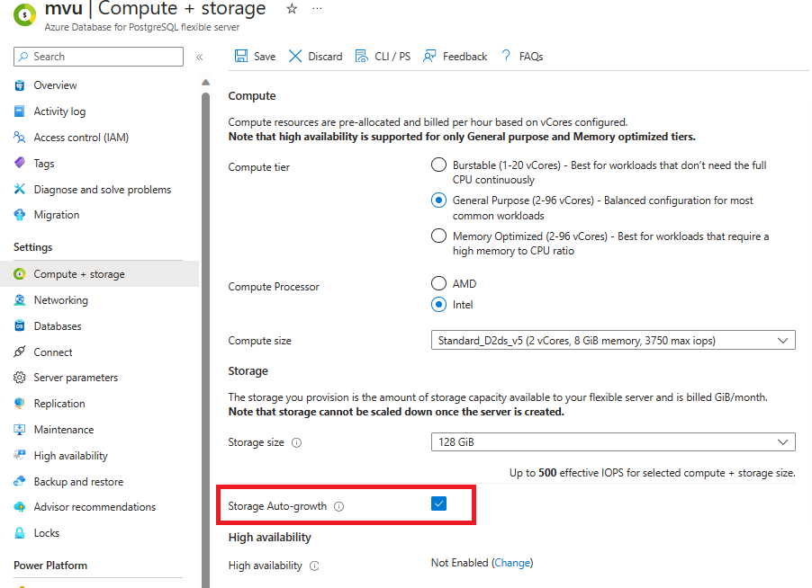 Screenshot that shows storage autogrow checkbox.