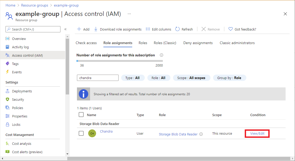 Screenshot of role assignment list with View/Edit link for condition.