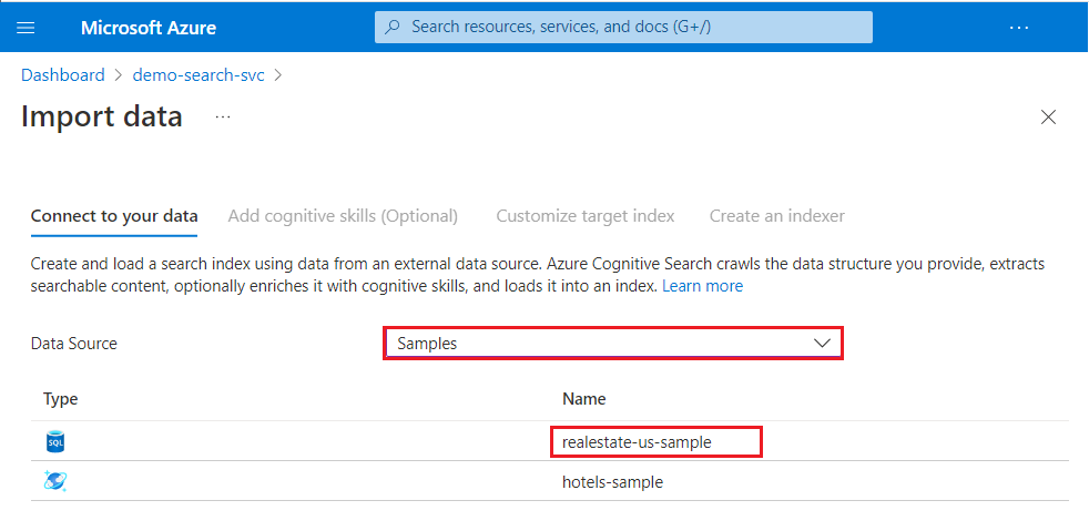 Screenshot of the sample data sets available in the Import data wizard.