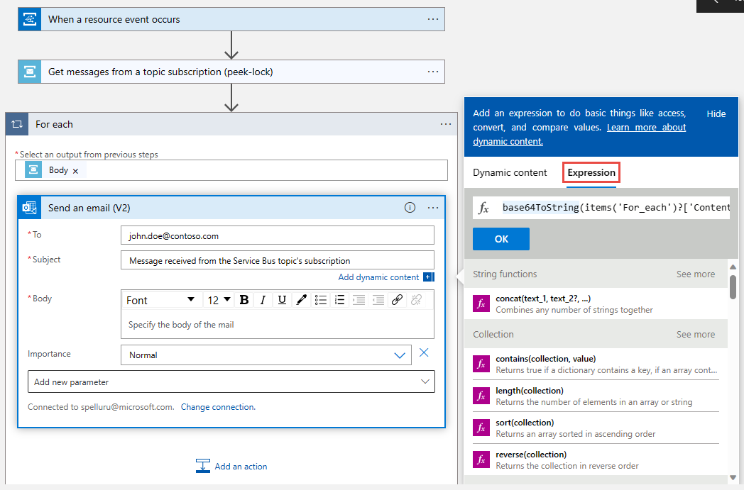 Screenshot that shows the expression for Body of the Send an email activity.