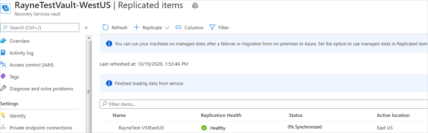 Screenshot of VM on the Replicated Items page