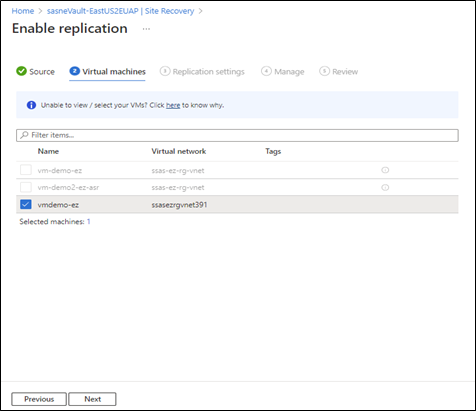 Screenshot of Enable replication form VM tab.