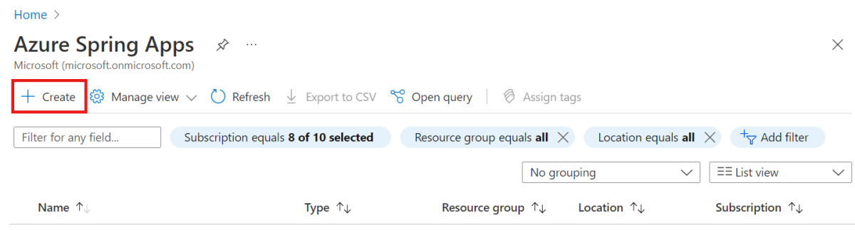 Screenshot of the Azure portal showing the Azure Spring Apps resource with the Create button highlighted.