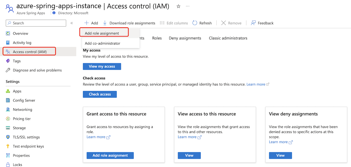 Screenshot of the Azure portal that shows the Access Control (IAM) page for an Azure Spring Apps instance with the Add role assignment option highlighted.