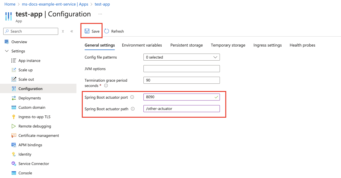 Screenshot of the Azure portal that shows the Configuration page with Save option highlighted.