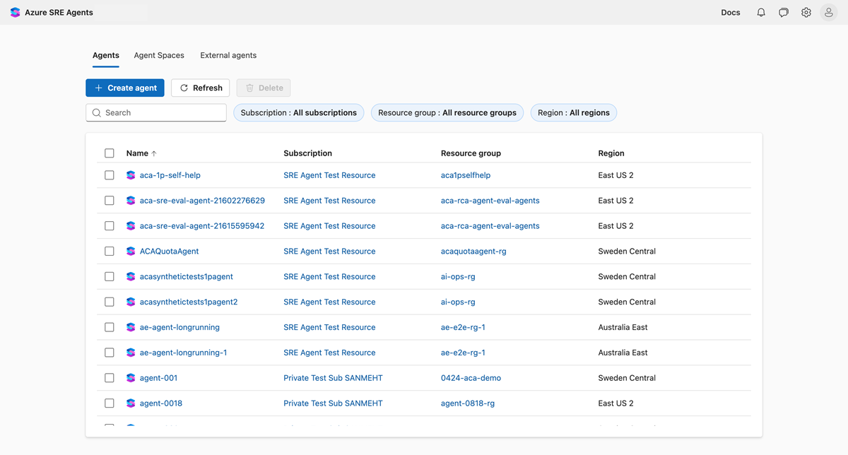 Screenshot of the agent list with the Create button highlighted.