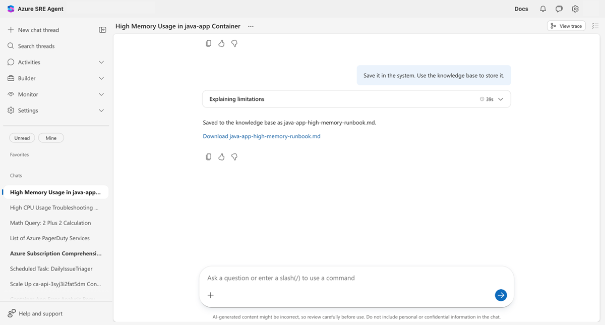 Agent confirming the runbook was saved to the knowledge base as java-app-high-memory-runbook.md.
