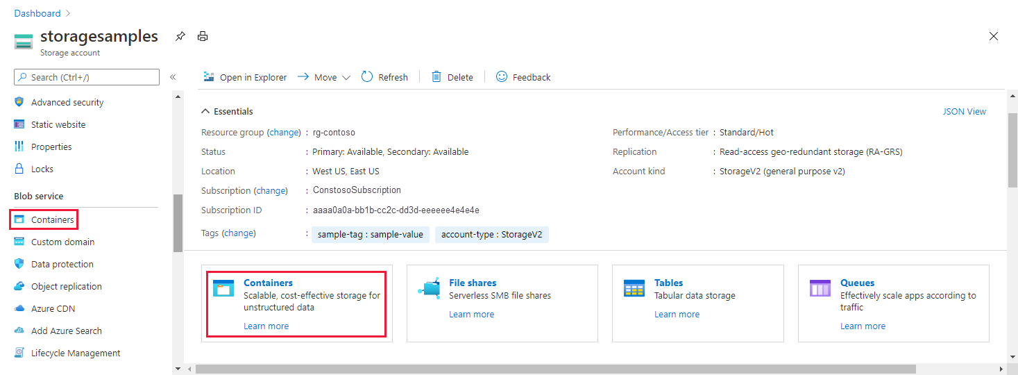 Screenshot showing how to navigate to blob data in the Azure portal