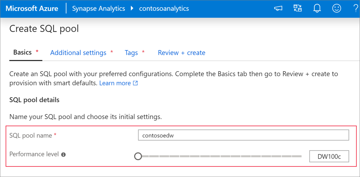 A screenshot of the SQL pools create flow - basics tab.