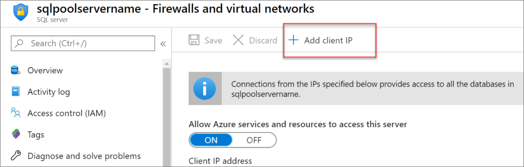 A screenshot of the Azure portal. Server firewall rule via the Add Client IP button.