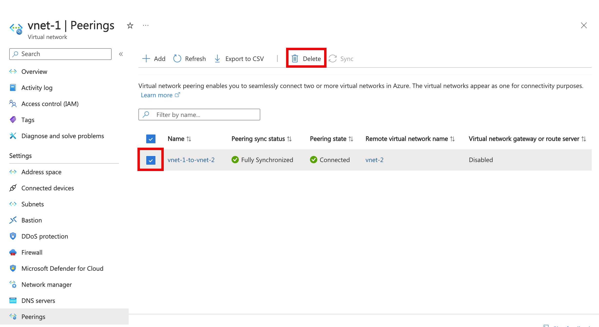 Screenshot of deleting a peering from the virtual network.