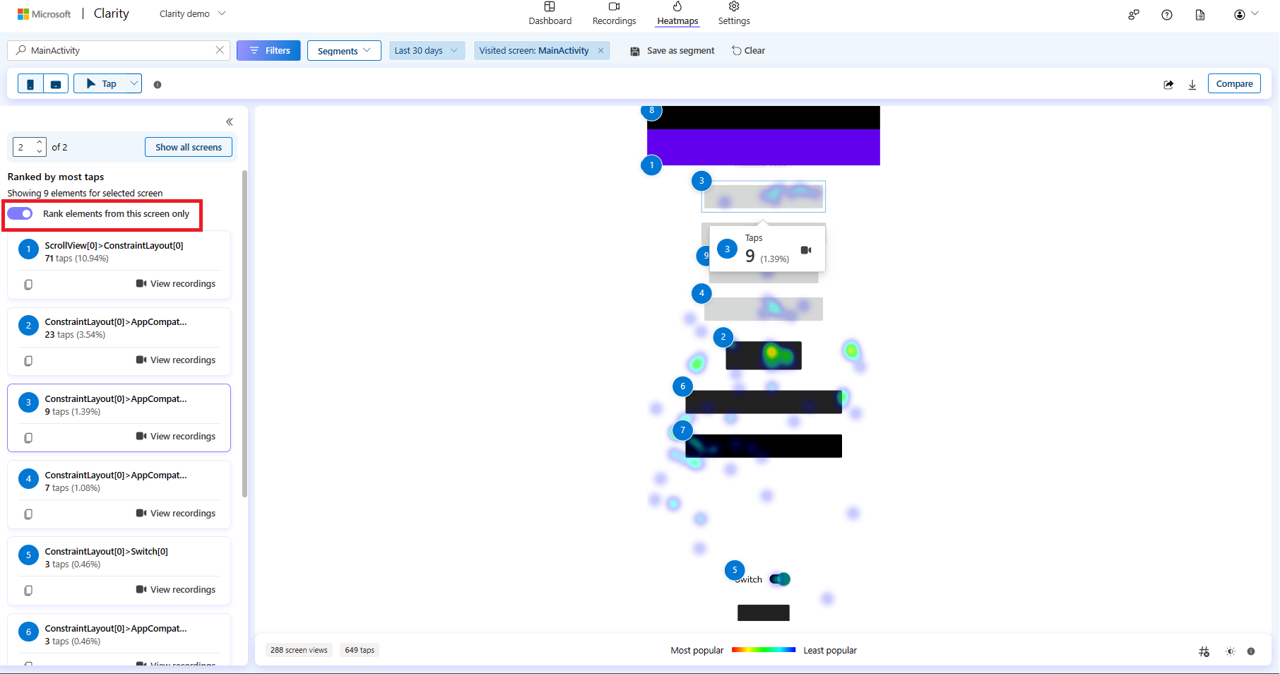 Toggle to view elements from a specific screen.