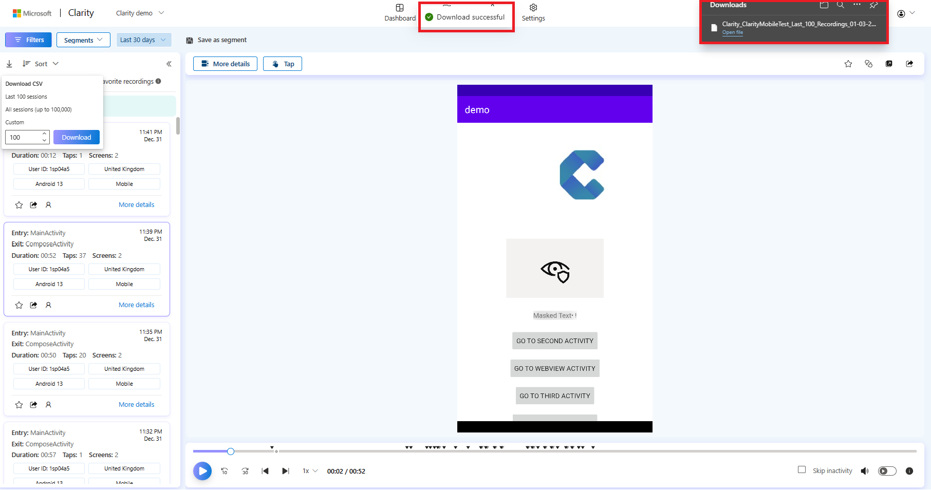 Successful csv download of recordings for mobile apps.