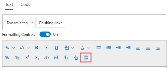 The Insert QR code action in the formatting controls on the Configure payload page of the new payload creation wizard.