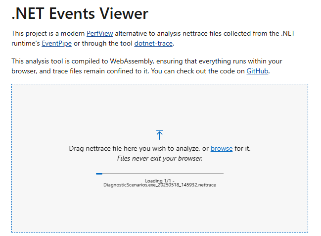 Screenshot of the opening of a nettrace in .NET Events Viewer.