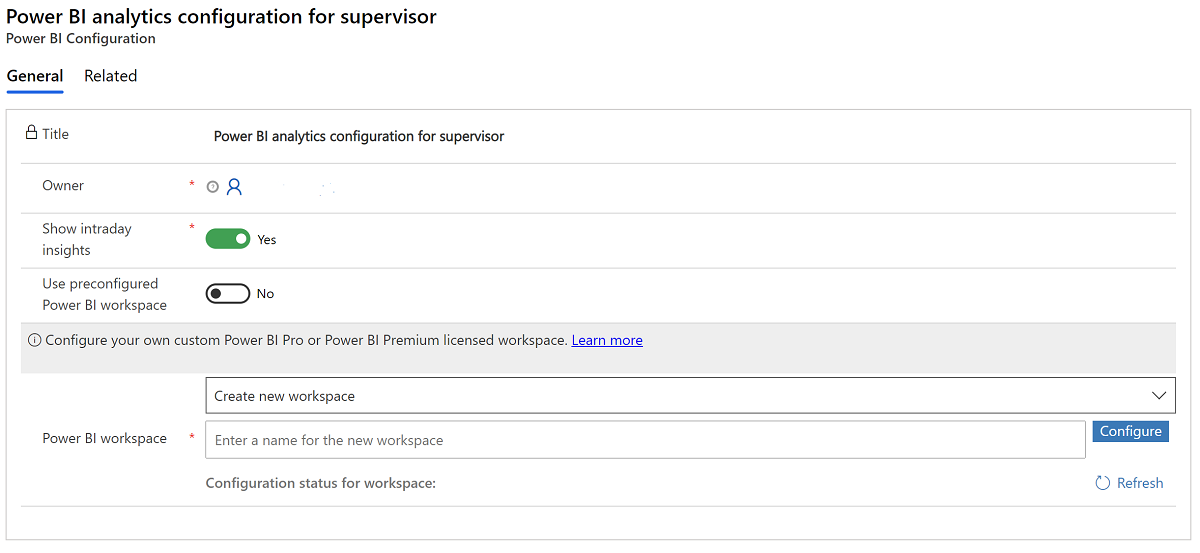 Страница с настройки на конфигурацията на работна област на Power BI.