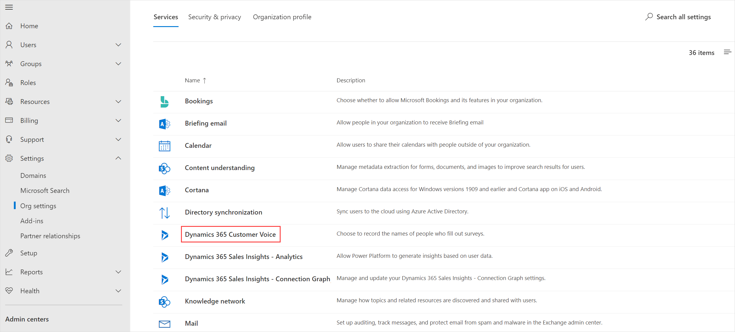 Select Dynamics 365 Customer Voice on the Services tab.