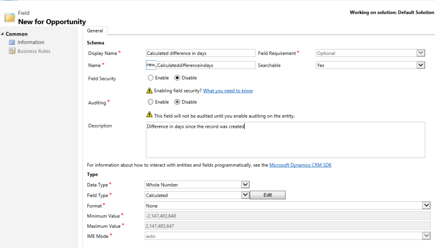 Създаване на изчисляемо поле в Dynamics 365 for Customer Engagement.