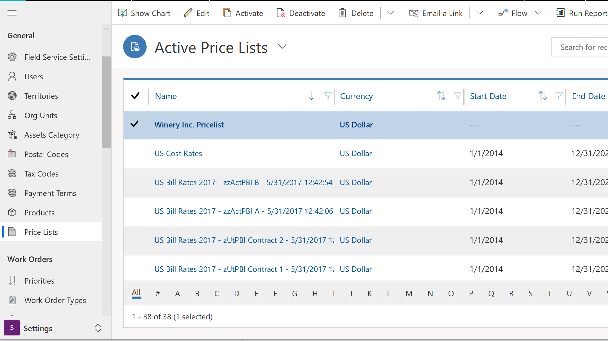 Екранна снимка на списък с ценови листи.