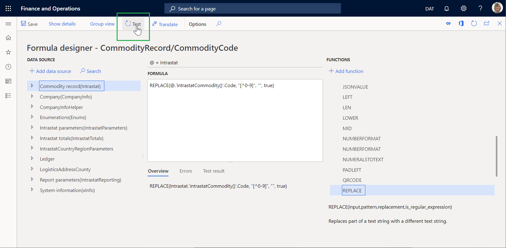 Selecting Test to validate a forumula.