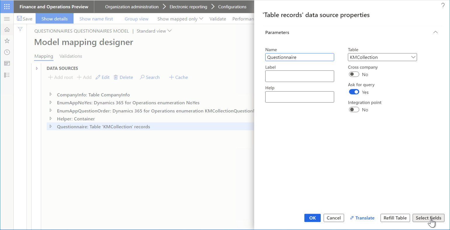 Selecting Select fields in the Data source properties dialog box to start to configure the list of fields that will be fetched from the application table by using the editable data source.