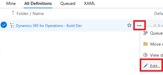 Screenshot of editing the build definition in Azure DevOps.