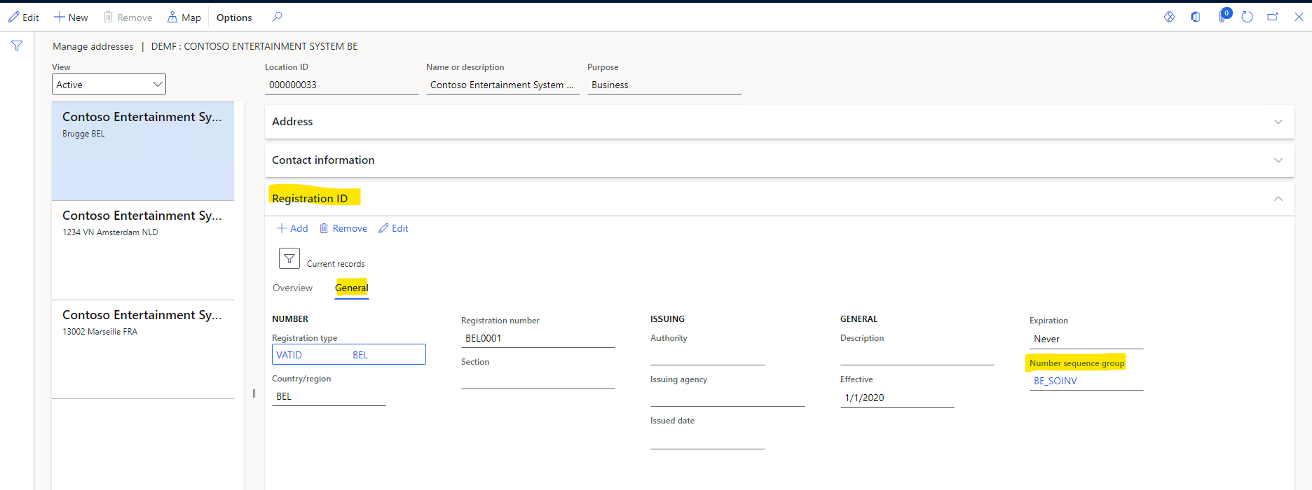 Assigning a number sequence group to the VAT ID of a legal entity on the Manage addresses page.