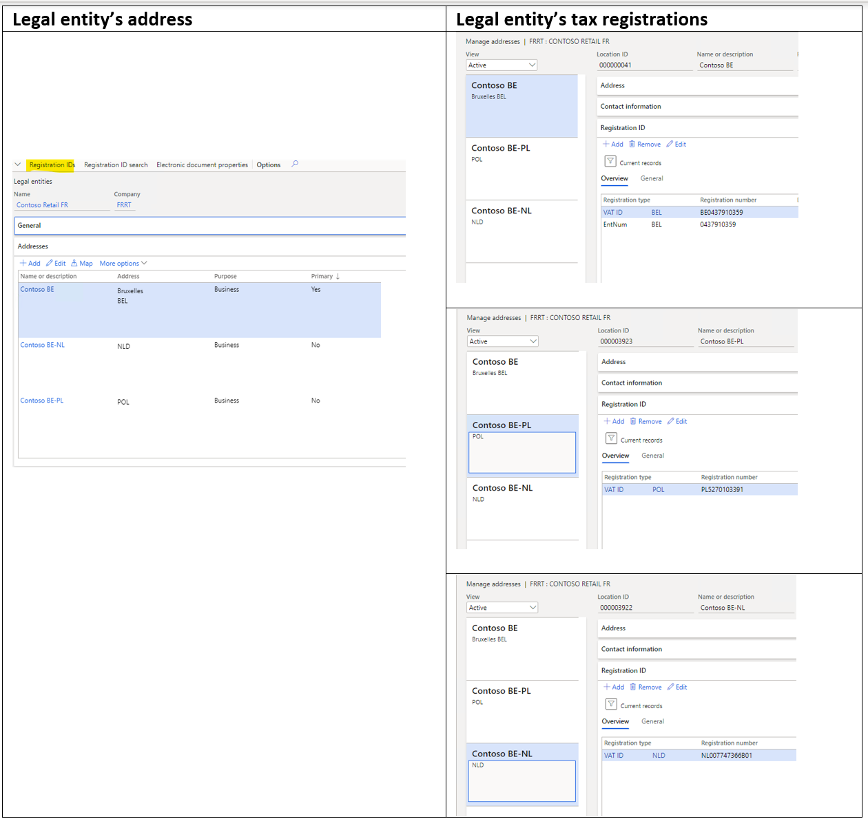 Assigning VAT ID registration to addresses on the Legal entities page.