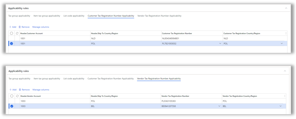 Customer and vendor registration IDs on the Tax feature setup page.