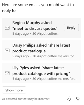 Екранна снимка на списък с имейли без отговор в екрана за чат на Copilot.